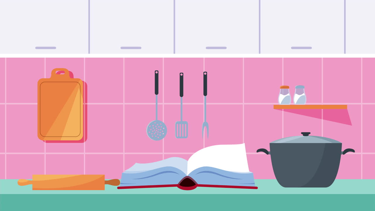 Kitchen recipe book and utensils animation | Premium Stock Video Footage