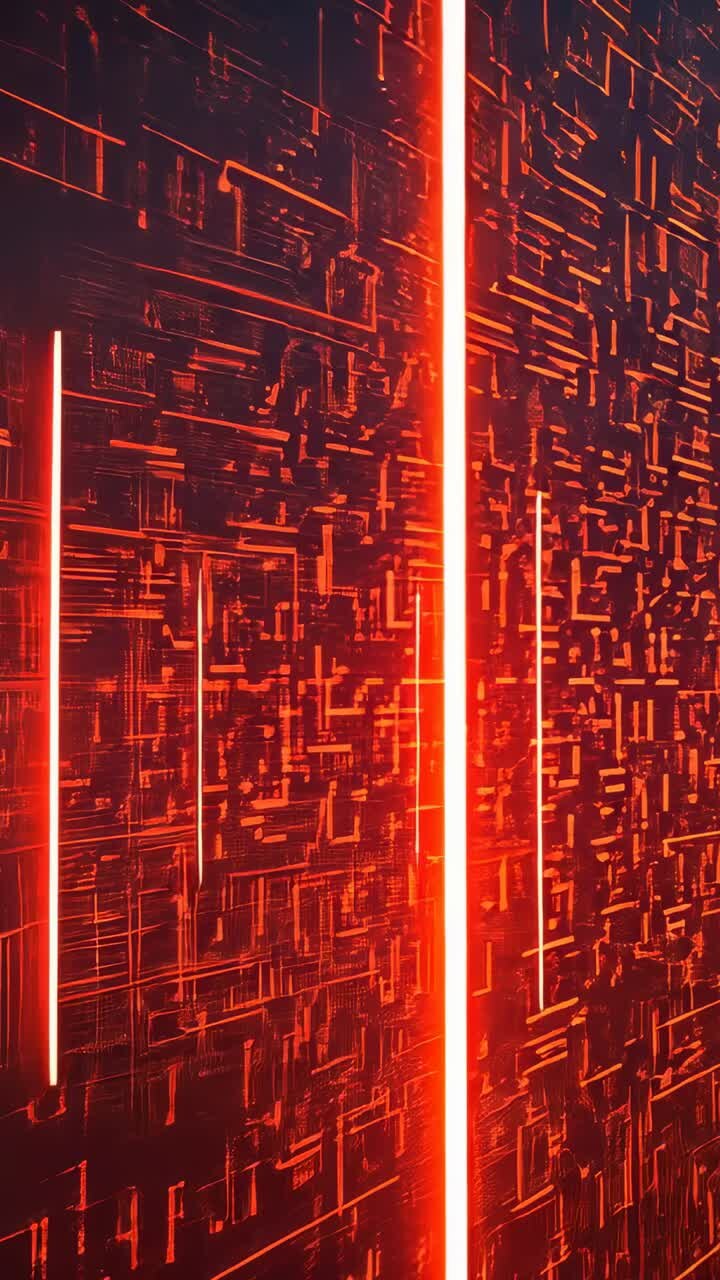 Vertical video: Camera panning across gallery, LED panel pulsing red circuit pattern with neon bars