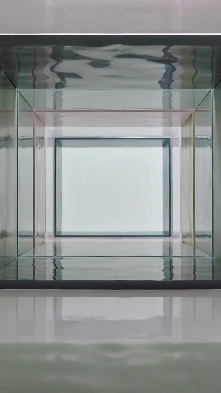 Video vertical: Cámara alejándose revelando un cubo de cristal anidado en una galería, con una piscina reflectante debajo.
