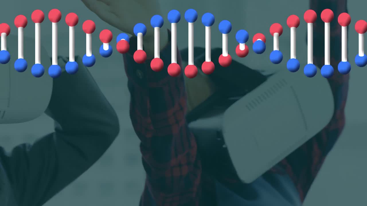 animación de una cadena de adn giratoria sobre niños que usan auriculares vr