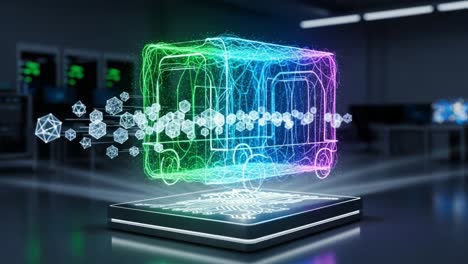 futuristic digital transportation concept featuring an electric bus hologram with vibrant neon colors and abstract data streams for smart city environments