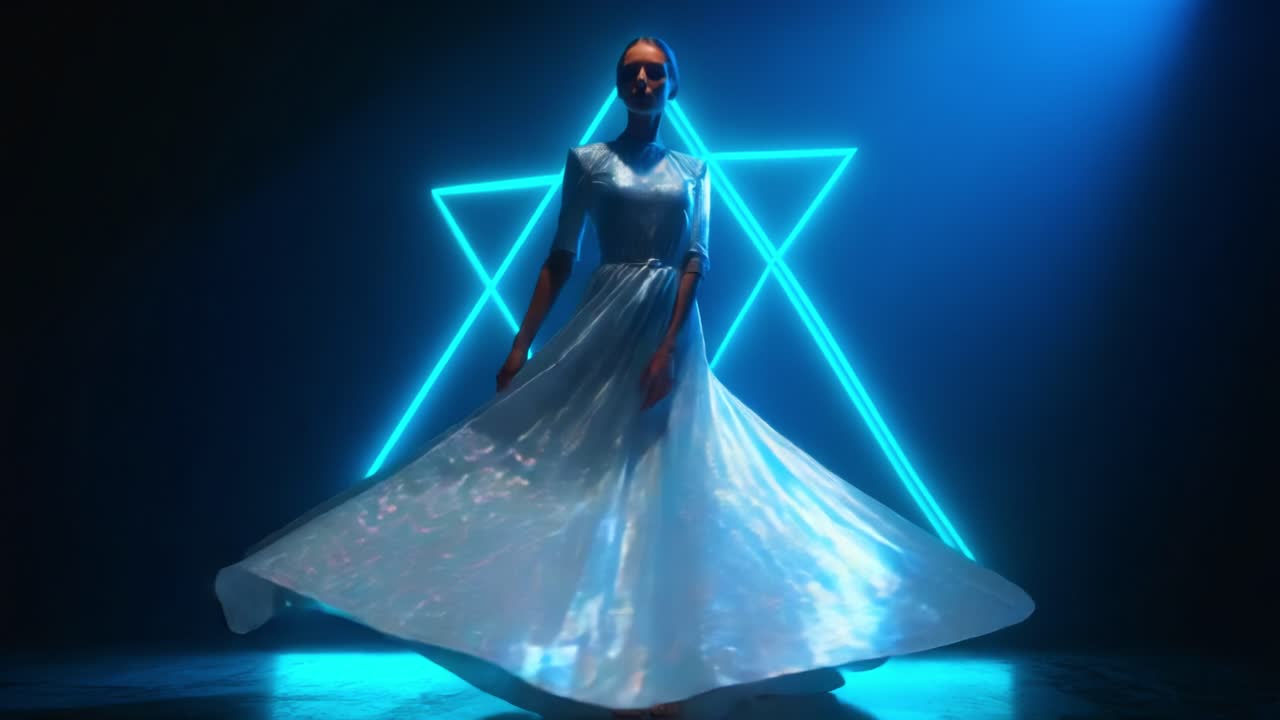 A Captivating Performance: A Dancer Enveloped in Light and Elegance, Twirling in a Flowing Dress Beneath a Glowing Star Symbol, Representing Beauty, Grace, and Artistic Expression in a Stunning Display