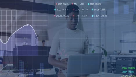 Animación-De-Datos-Financieros-Y-Gráficos-Sobre-Una-Mujer-Afroamericana-Con-Una-Computadora-Portátil-En-La-Oficina