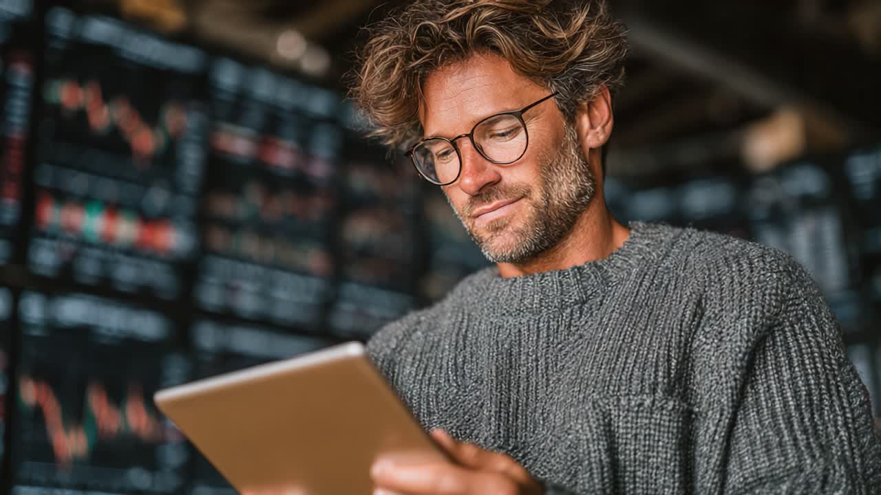 Fokuseret mand analyserer data på tablet i et forretningsmiljø, omgivet af aktiemarkedsgrafer og -diagrammer, og fejrer indsigt i moderne finansiel analyse