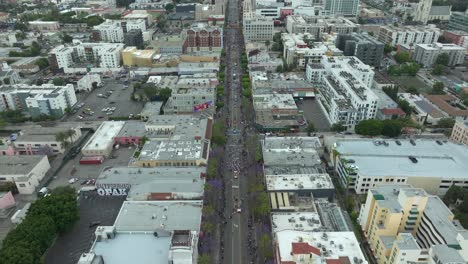 4k aerial, june 2023, la pride parade in hollywood, california, usa