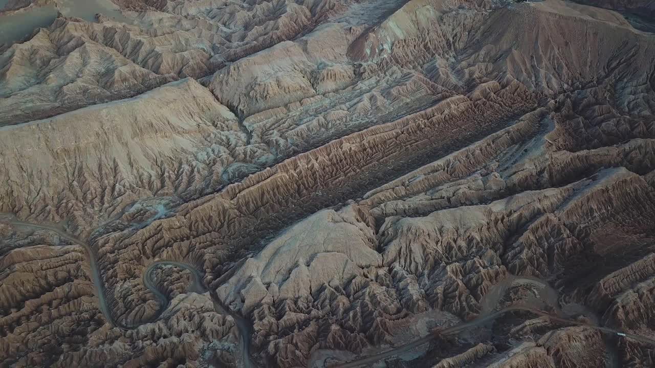 Atacacama Desert, Chile. Cinematic Aerial View of Dry Barren Landscape and Lifeless Grey Sandstone Hills