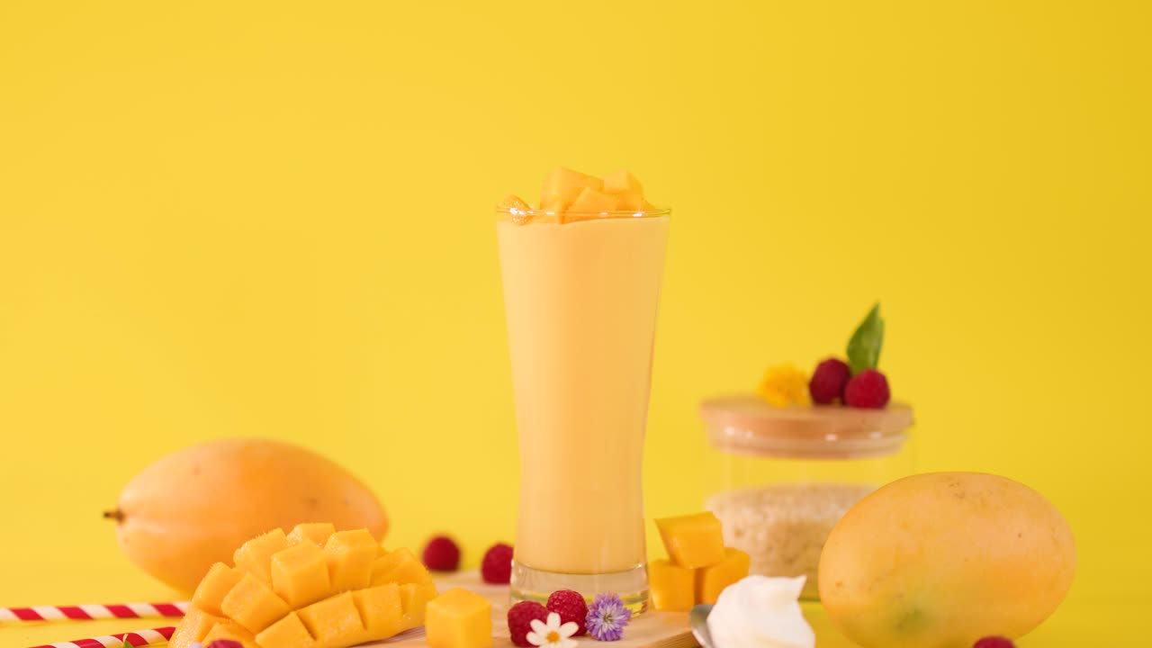 Human hand adds mint garnish to tall mango smoothie among fresh tropical fruits