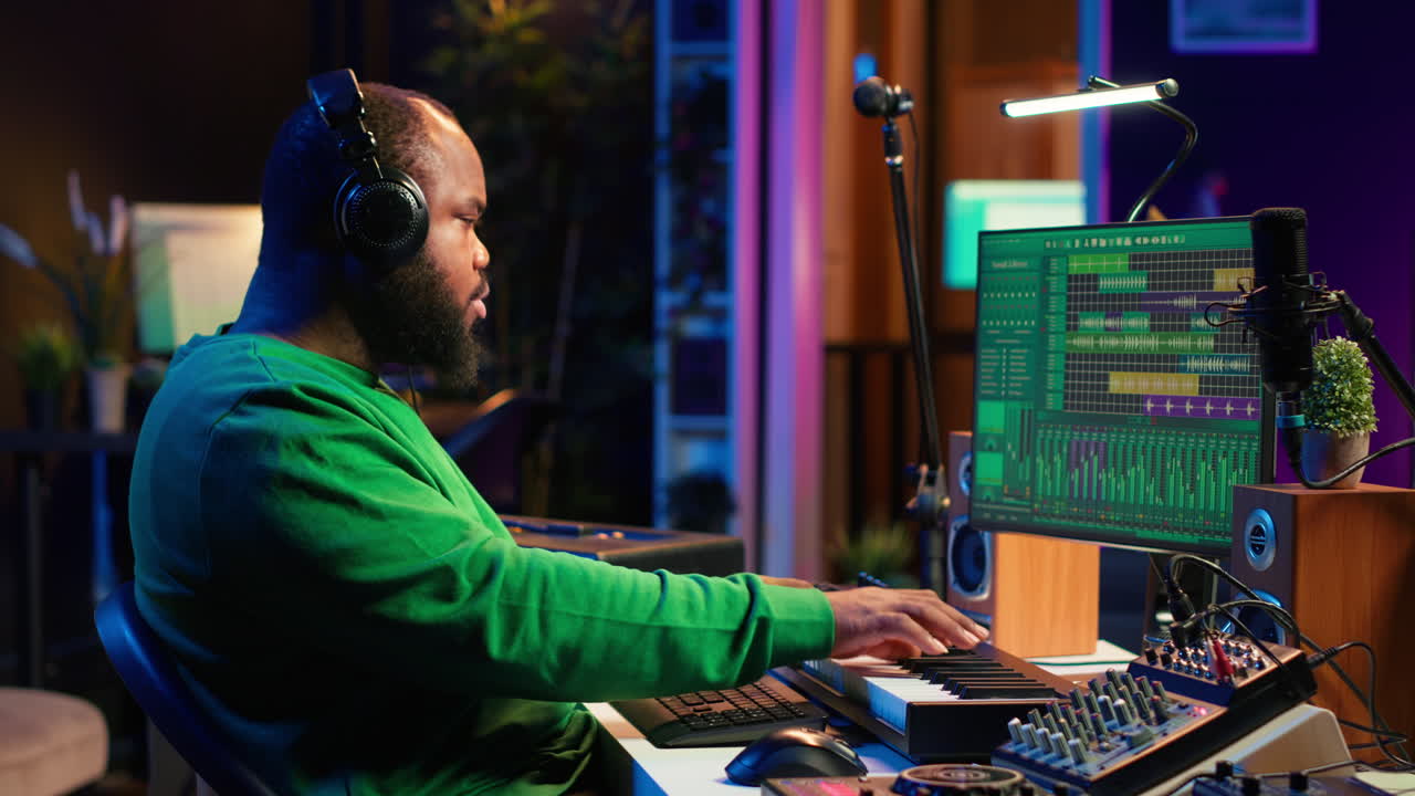 técnico de audio trabaja con herramientas de grabación en su estudio en casa