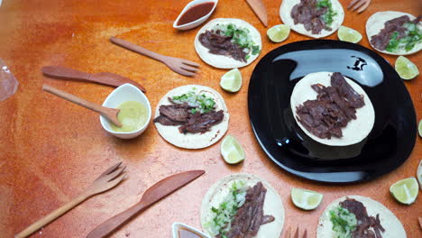 mexican dinner taco party table pann top view shot