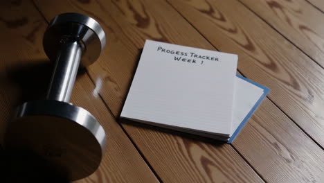 fitness progress tracker notebook and dumbbells on wooden floor