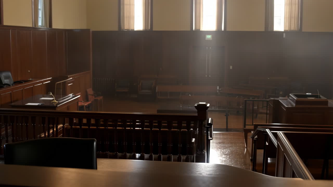 Empty Courtroom Interior with Wooden Furnishings