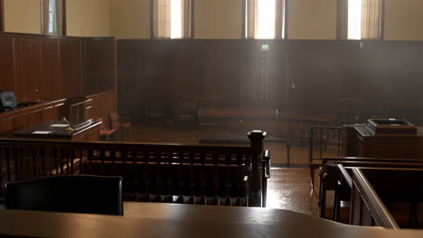empty courtroom interior with wooden furnishings