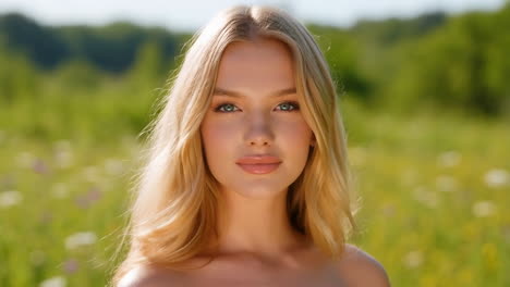 portrait of a young blonde woman in a field