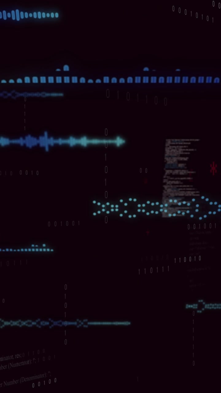 Animation of digital sound waves and data visualization on dark background