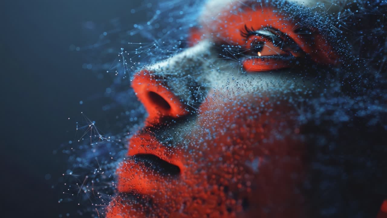 Advanced humanoid robot face made of particles looking towards the future of technology and connectivity, representing the concept of data processing, deep learning, and digital consciousness