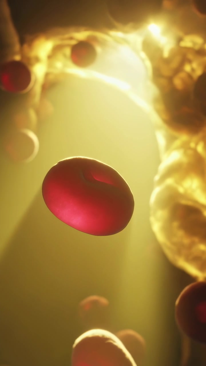 Video verticale: Flusso che spinge un globulo rosso, che si sposta verso un arco luminoso in un vaso, con noduli.