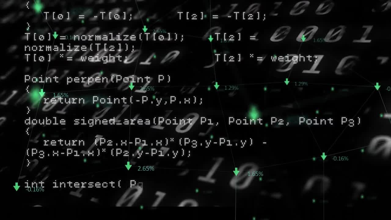 Animation of data processing and binary coding on black background