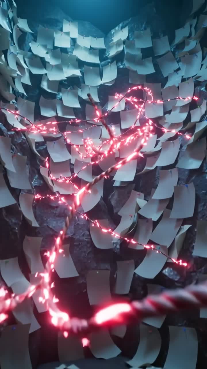 Vertical video: Appearing lower right, red ribbon weaving up cavern wall lighting papers and chain