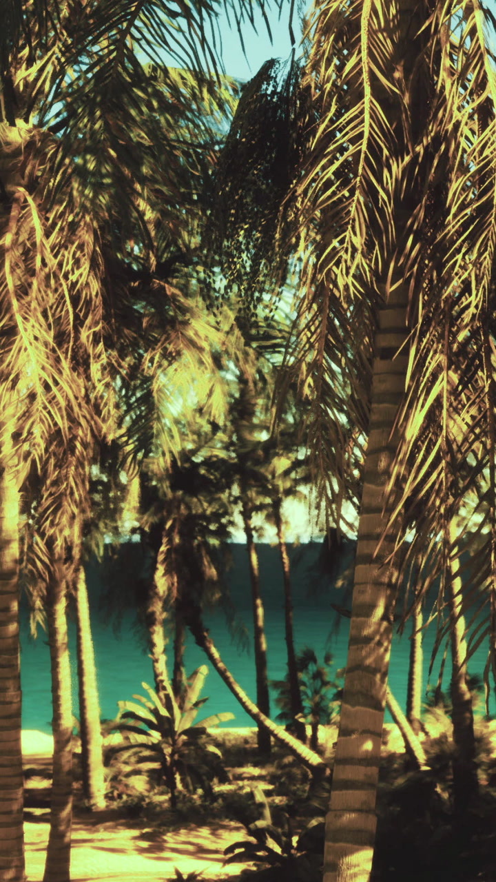 Palm trees rise against a vibrant blue ocean in this tropical view