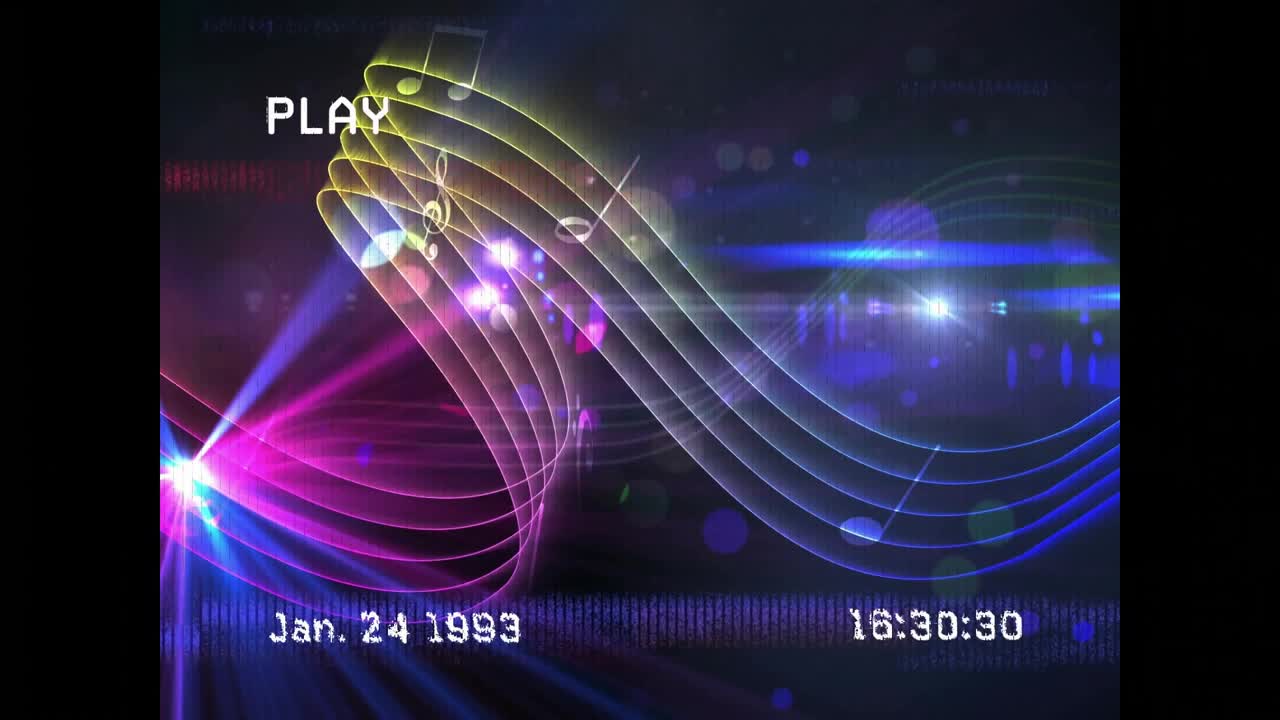 Timestamp reaching 16:30:22 initiating playback pink spotlight hitting neon ribbons, notes drifting
