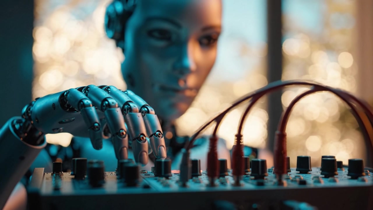 Una mano robotica futuristica interagisce con un sintetizzatore di suoni elettronico, dimostrando tecnologia avanzata e creatività nella produzione musicale