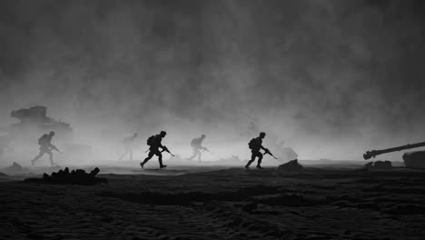 silhouetted military personnel advancing rapidly across misty battlefield terrain, moving with strategic intent near armored vehicles, embodying dramatic intensity of armed conflict