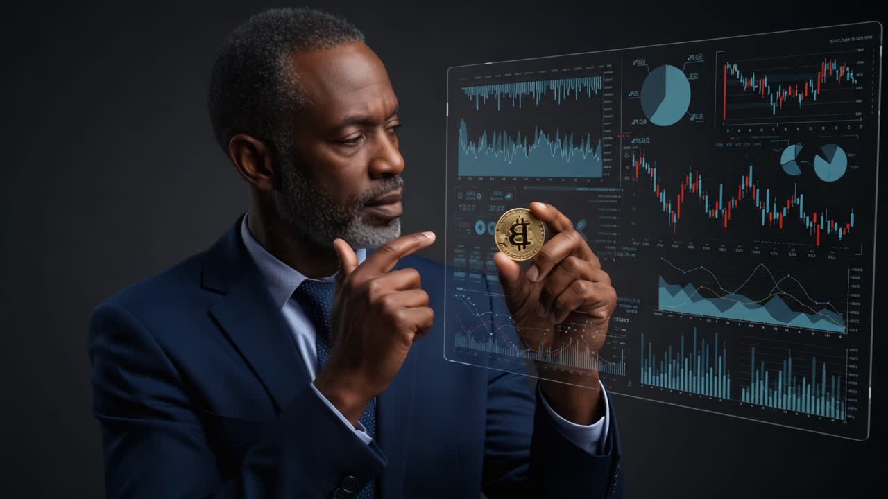 A Thoughtful Investor Analyzes Cryptocurrency Trends and Data with a Gold Coin in Hand, Emphasizing the Rise of Digital Assets in Modern Finance
