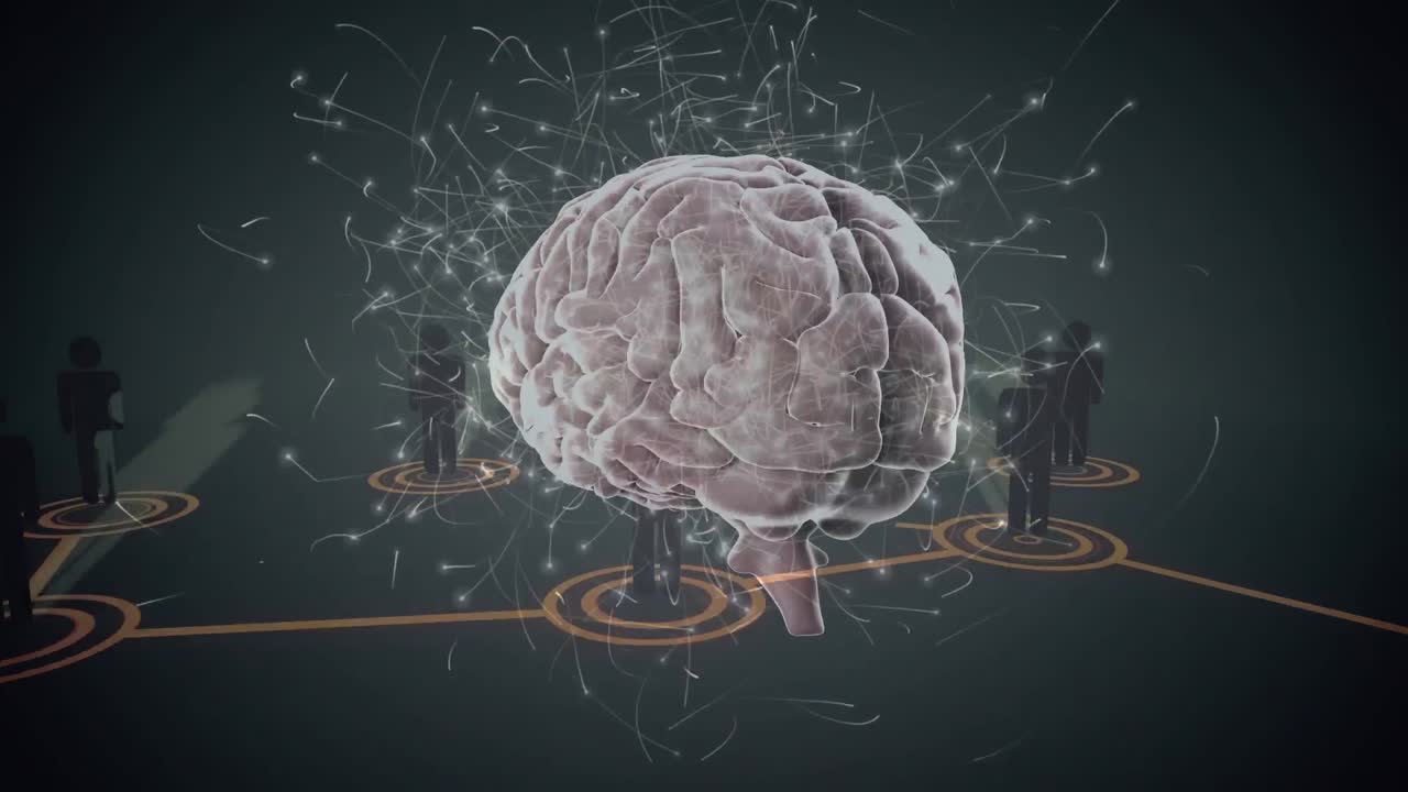 Animation of human brain and network of connections with icons