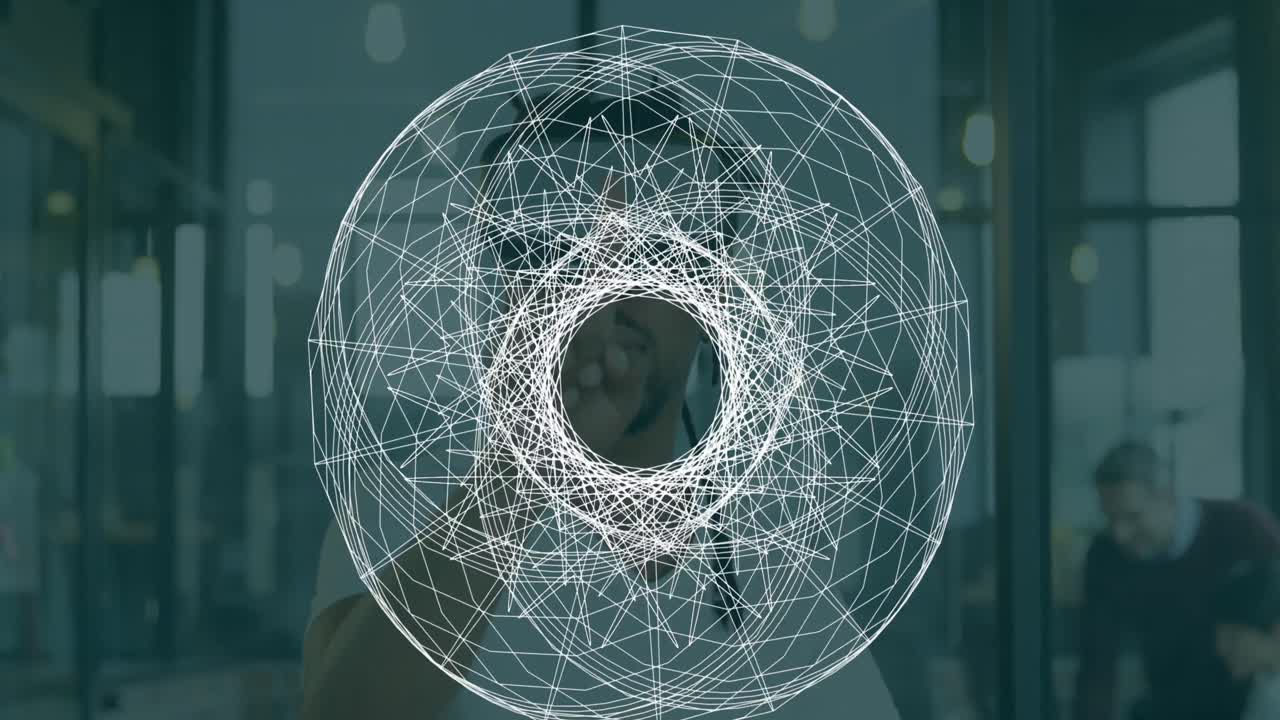 animación de geometría circular, sobre el hombre que usa auriculares vr utilizando una interfaz virtual