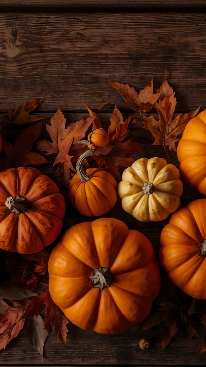 Vertical video: Holding overhead, camera capturing pumpkin cluster on tabletop with autumn leaves