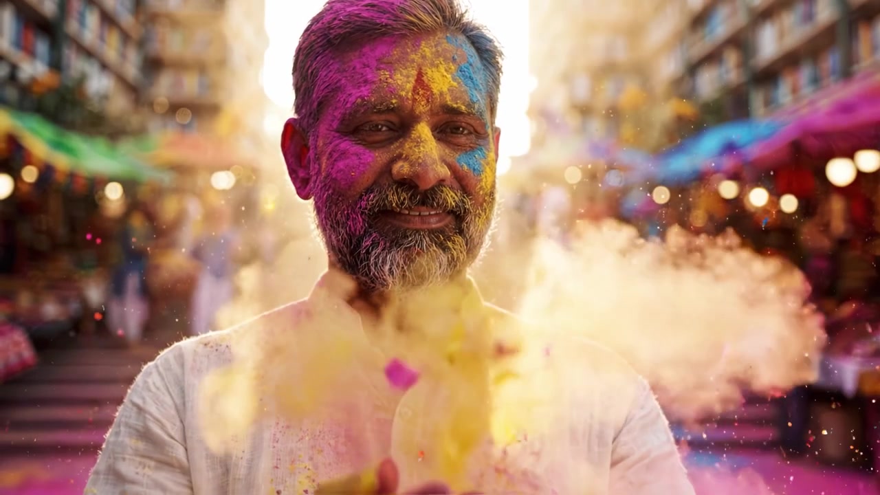 Celebrazione del colore: un ritratto gioioso di un uomo coperto di vivace polvere Holi in una vivace strada di mercato piena di vita e festività.