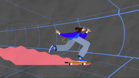 animación de una persona montando en un patineta en un túnel urbano en movimiento