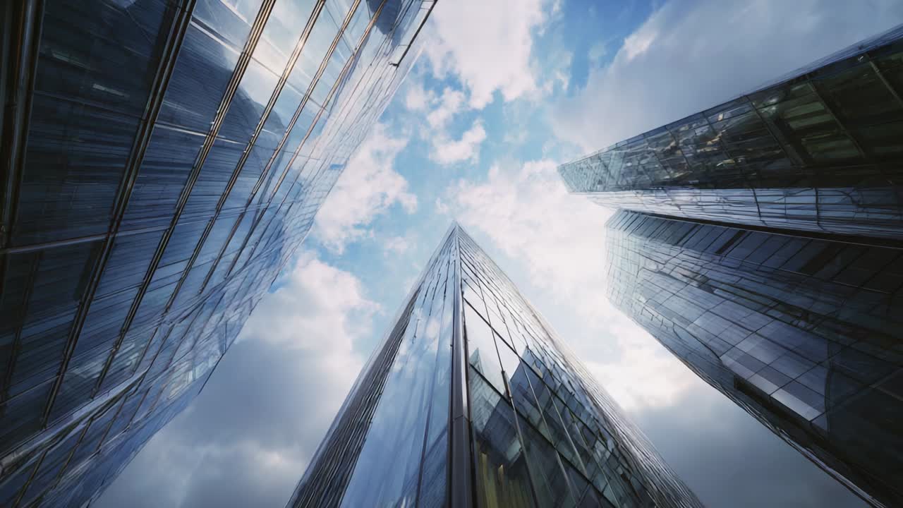 A breathtaking view from the ground looking up at modern skyscrapers reflecting vibrant blue skies and fluffy clouds, showcasing architectural brilliance and innovative design in a urban environment