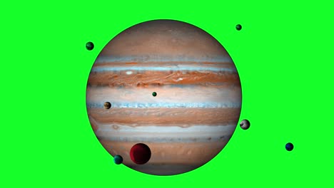 planeta júpiter aislado con satélites girando. hermoso planeta gaseoso en pantalla verde, canal alfa.