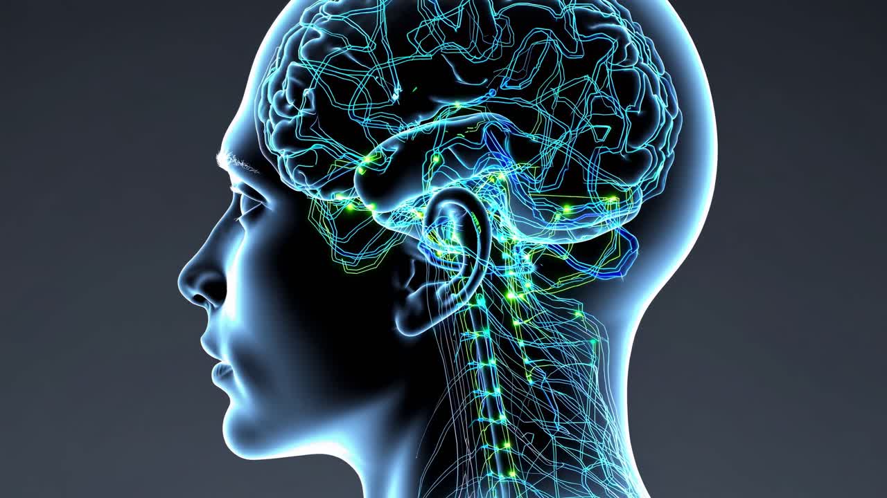 Side view of a human head with glowing neural pathways, showcasing a ...