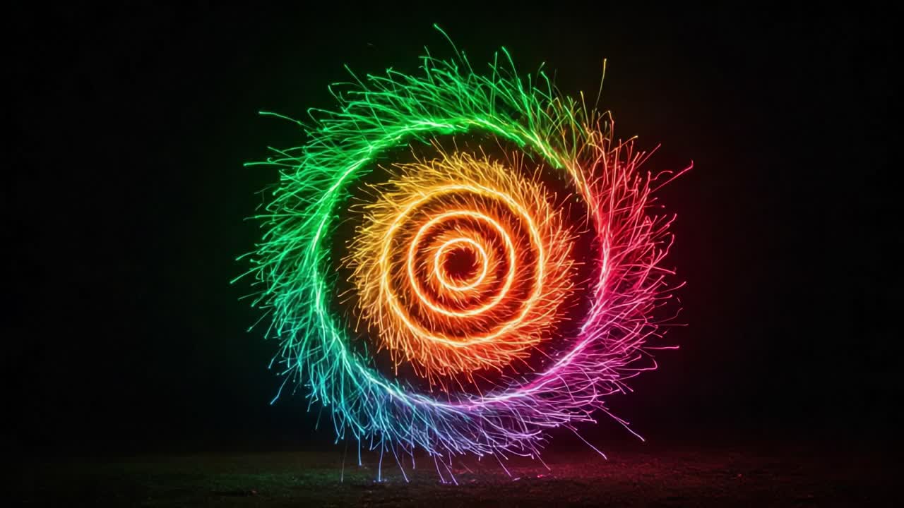 A Vibrant Display of Circular Light Patterns: Captivating Swirls of Colorful Sparkles Illuminate the Dark Background with Their Lively Energy and Dynamic Motion