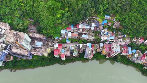 mountain-river-village-Yunnan,-Yanjin-from-above,-city-topview-aerial-overview
