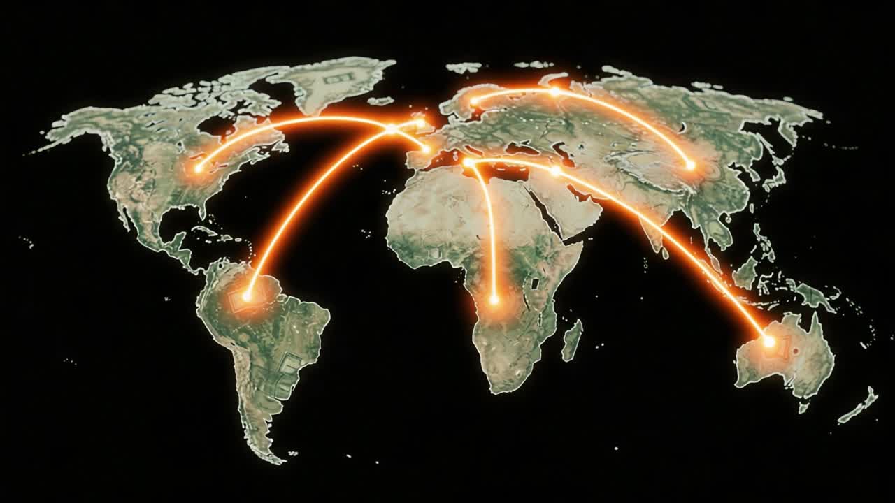 Global Network Connections: Visualizing Data Flow Across Continents with Interactive Lines Demonstrating Interconnectedness Between Regions on a World Map