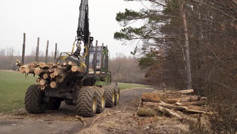 Cargador-De-Pinzas-Descargando-Troncos-Picados-En-Un-Montón-Por-Camino-Forestal,-Chequia