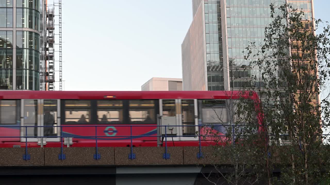 Looking up to the DLR in Canary Wharf, London, United Kingdom