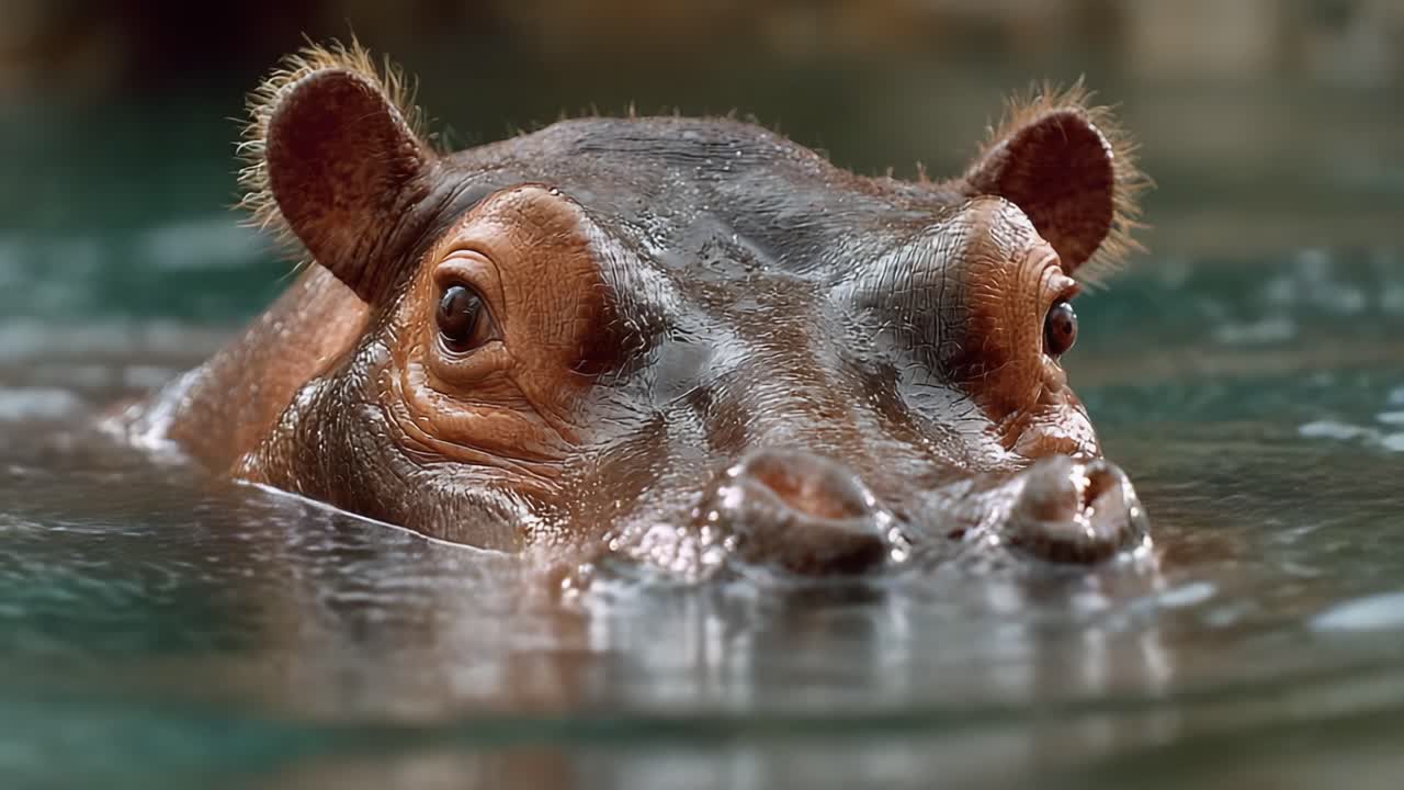 A Captivating Close-Up of a Hippo Gliding Through Water, Showcasing Its Unique Features and Playful Behavior in a Serene Environment