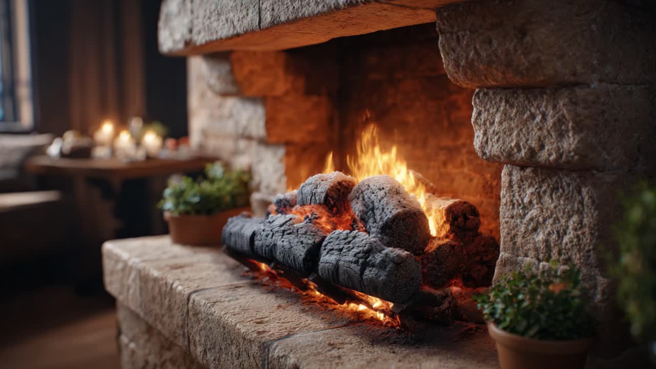 Cozy Fireplace Radiating Warmth: Capturing the Breathtaking Flames and Charming Logs of a Stone Hearth Setting Perfect for Intimate Gatherings