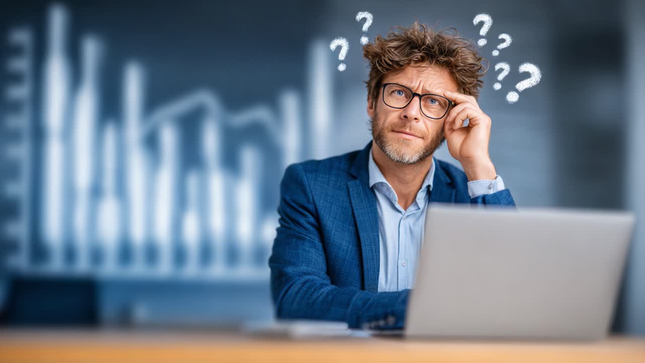 A Professional Man Deep in Thought, Overwhelmed by Questions and Uncertainty, as He Analyzes Data on His Laptop in a Modern Office Setting