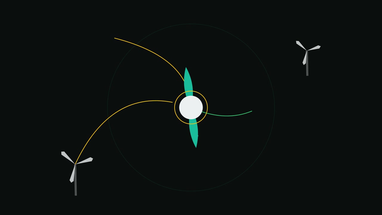 Animated Graphic of Wind Turbines Connecting to a Central Energy Hub