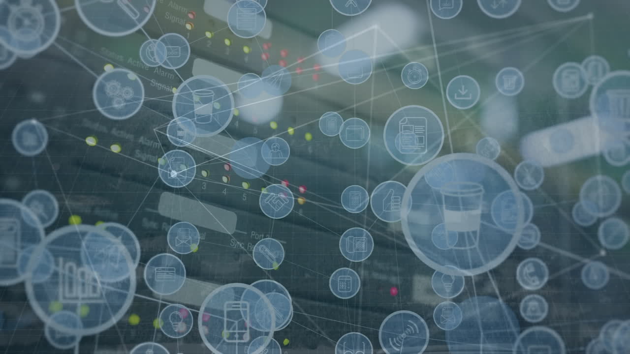 Animation of network of connections with icons over server room