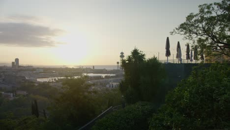 Vista-De-La-Repisa-Del-Café-De-Alta-Resolución-A-Través-De-árboles-Escénicos,-Horizonte-De-La-Ciudad-De-Barcelona-España-Con-Amanecer-Dorado-En-6k-Mientras-Los-Pájaros-Vuelan