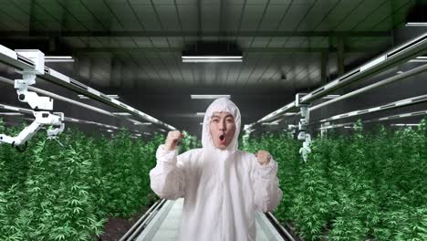 asian marijuana researcher screaming goal celebrating while standing in the marijuana greenhouse with smart robotic farmers