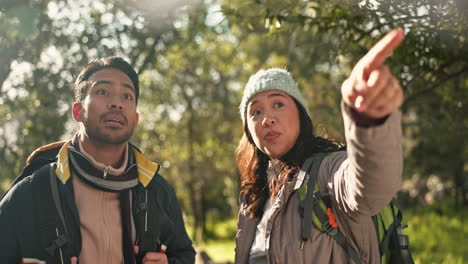 Nature,-exploring-and-couple-hiking-in-a-forest