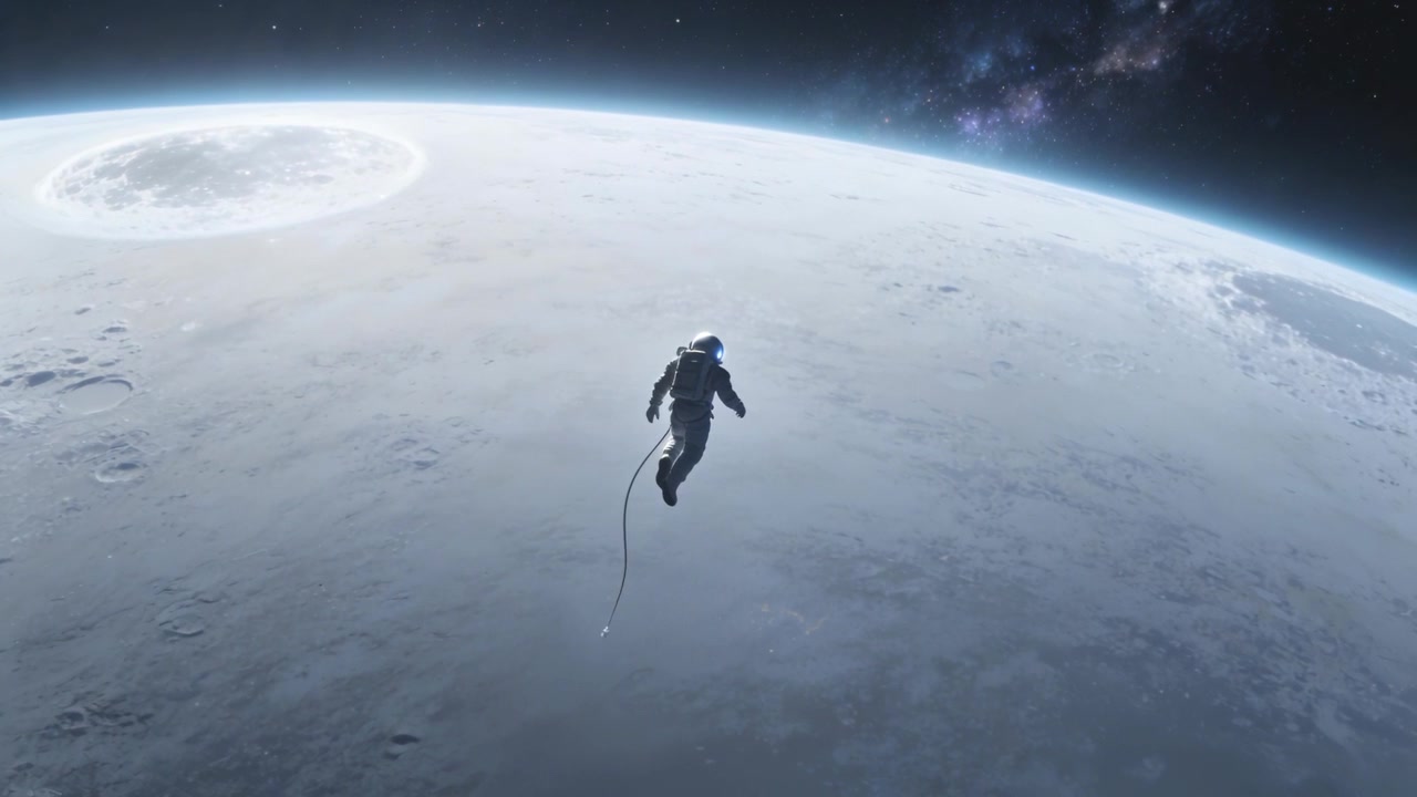 月の上空を漂う宇宙服姿の宇宙飛行士。テザーが伸び、パックを背負ってクレーターに向かって引っ張られている。