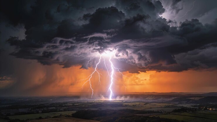Nuvola cumulonembo che scatena più fulmini sui campi al tramonto, illuminando la pioggia.